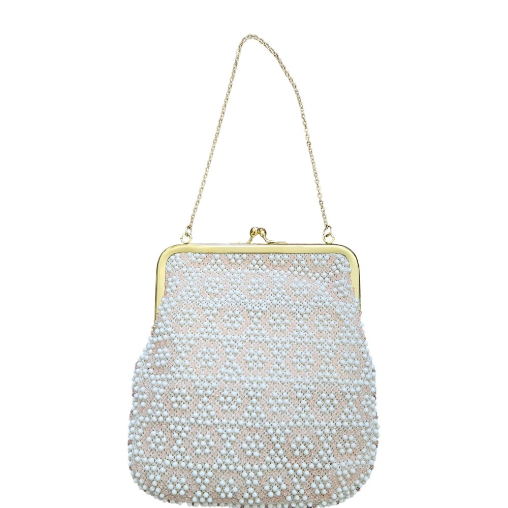 Vintage Corde Bead White Pink Beaded Evening Bag Gold Frame Kiss Lock USA Made